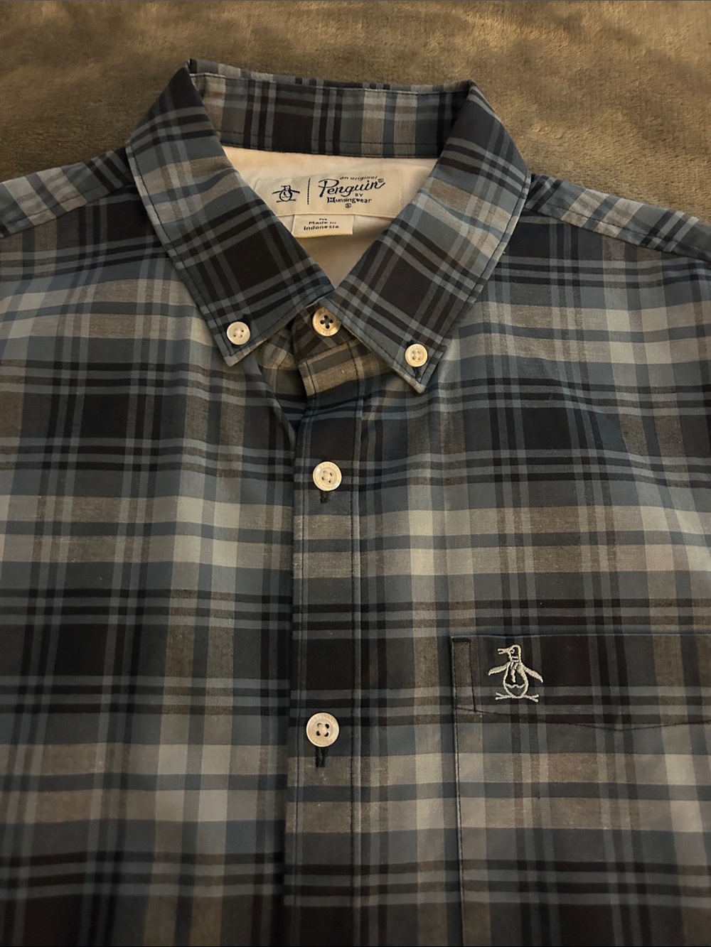 Original Penguin Blue and Short Sleeve Gray Plaid Button-Down Shirt M